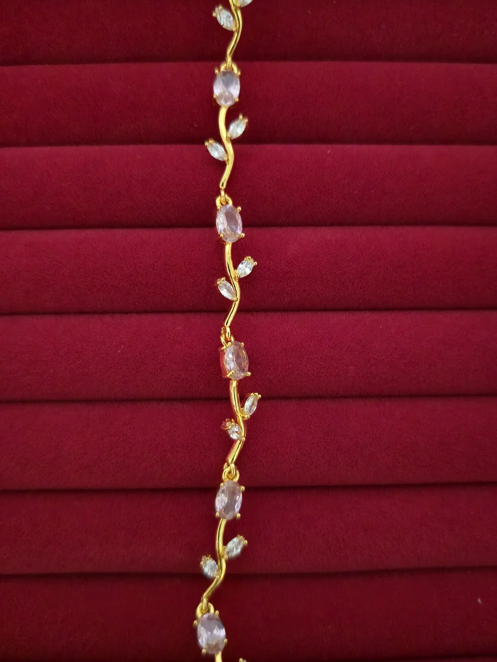 18K Gold Plated Women's Leaf Link Bracelet w/ Soft Pink Zircon - Women B003